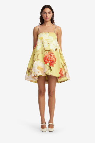 Patsy Embellished Puff Mini Dress - Peony Print in Yellow Dress Mini