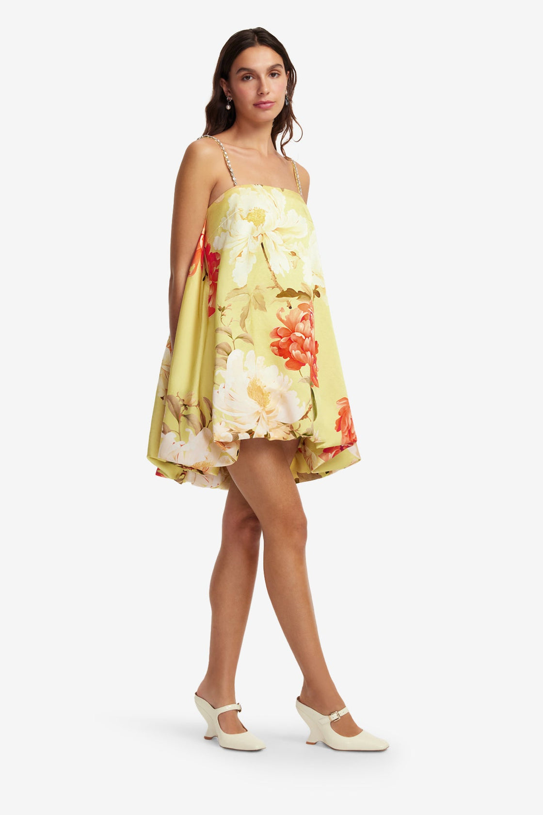 Patsy Embellished Puff Mini Dress - Peony Print in Yellow Dress Mini