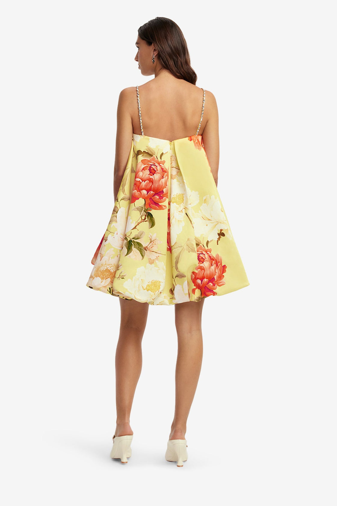 Patsy Embellished Puff Mini Dress - Peony Print in Yellow Dress Mini