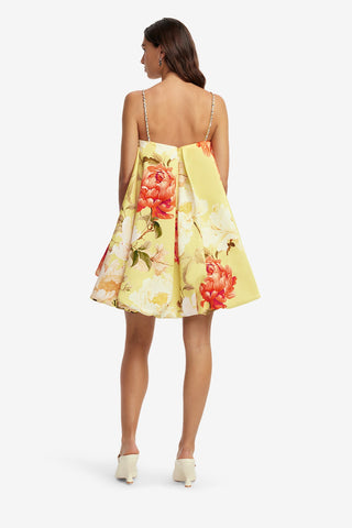 Patsy Embellished Puff Mini Dress - Peony Print in Yellow Dress Mini