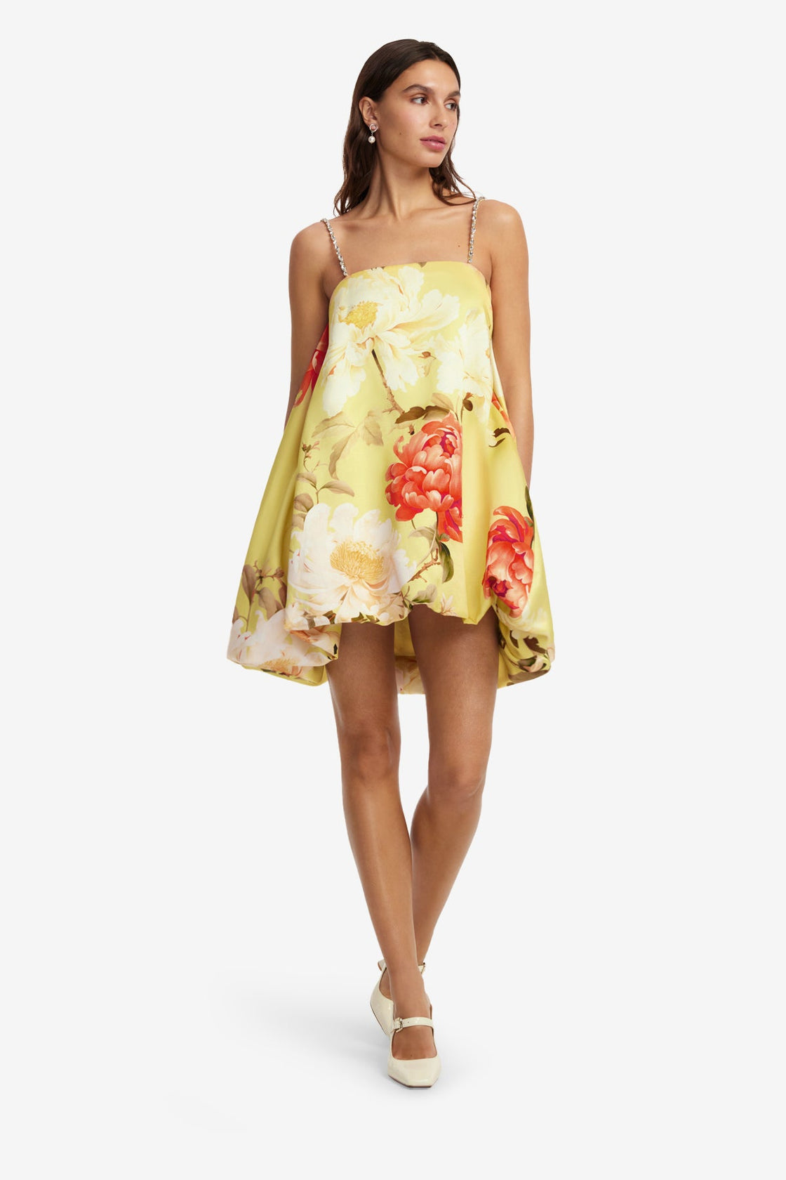 Patsy Embellished Puff Mini Dress - Peony Print in Yellow Dress Mini