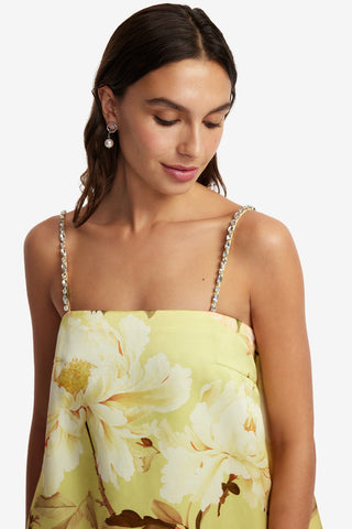 Patsy Embellished Puff Mini Dress - Peony Print in Yellow Dress Mini