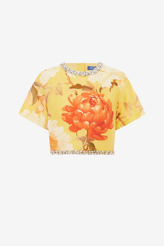 Exclusive LEO LIN Indie Embellished Sleeve Top - Peony Print in Yellow