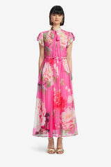 Grace Flutter Sleeve Midi Dress - Peony Print in Fuchsia Dress Midi