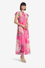 Grace Flutter Sleeve Midi Dress - Peony Print in Fuchsia Dress Midi