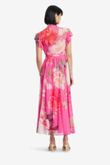 Grace Flutter Sleeve Midi Dress - Peony Print in Fuchsia Dress Midi