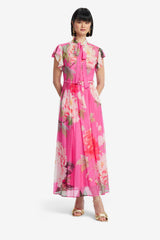 Grace Flutter Sleeve Midi Dress - Peony Print in Fuchsia Dress Midi