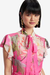 Grace Flutter Sleeve Midi Dress - Peony Print in Fuchsia Dress Midi