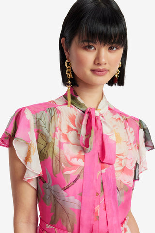 Exclusive LEO LIN Exclusive LEO LIN Grace Flutter Sleeve Midi Dress - Peony Print in Fuchsia