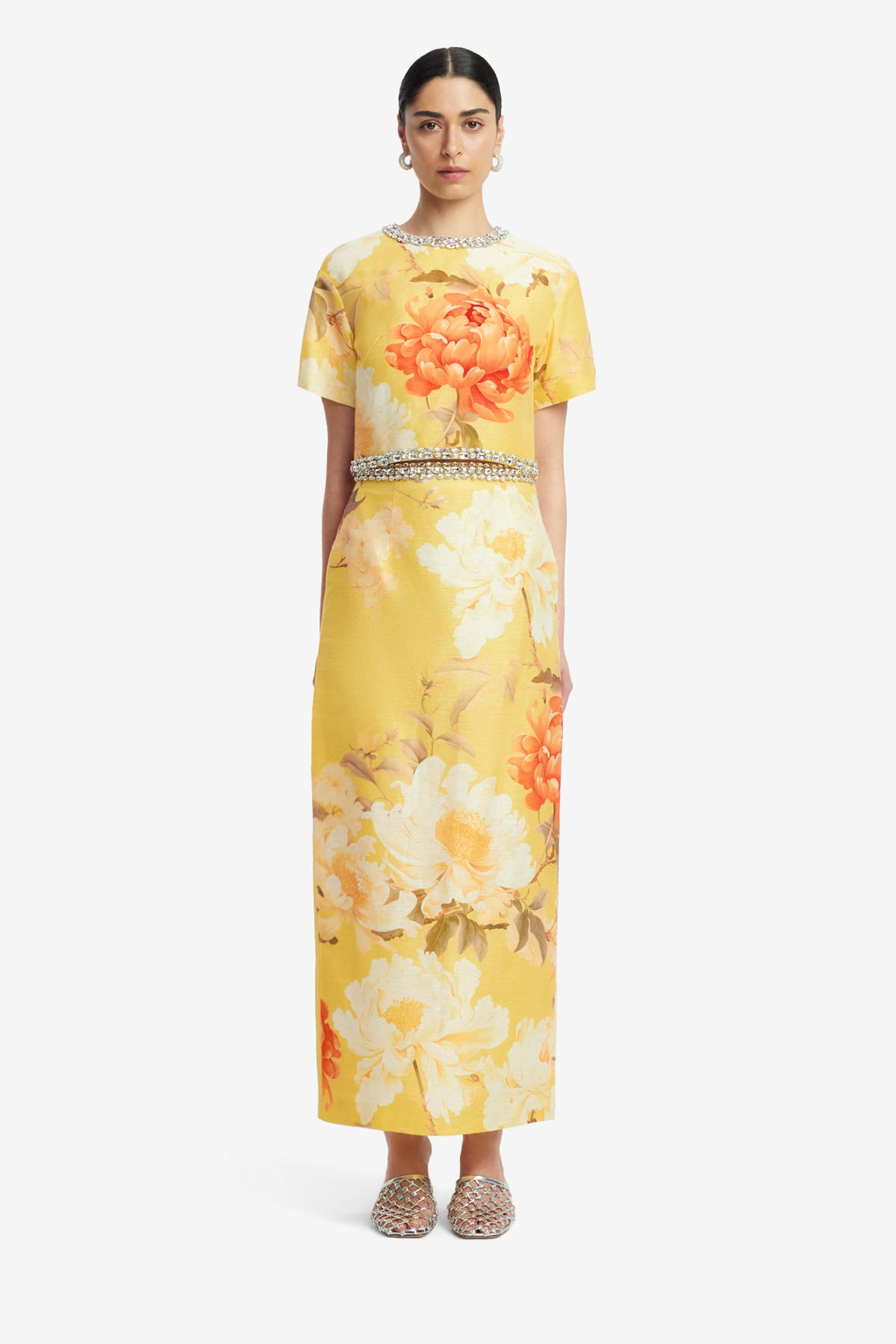 Kyra Embellished Maxi Skirt - Peony Print in Yellow Skirts