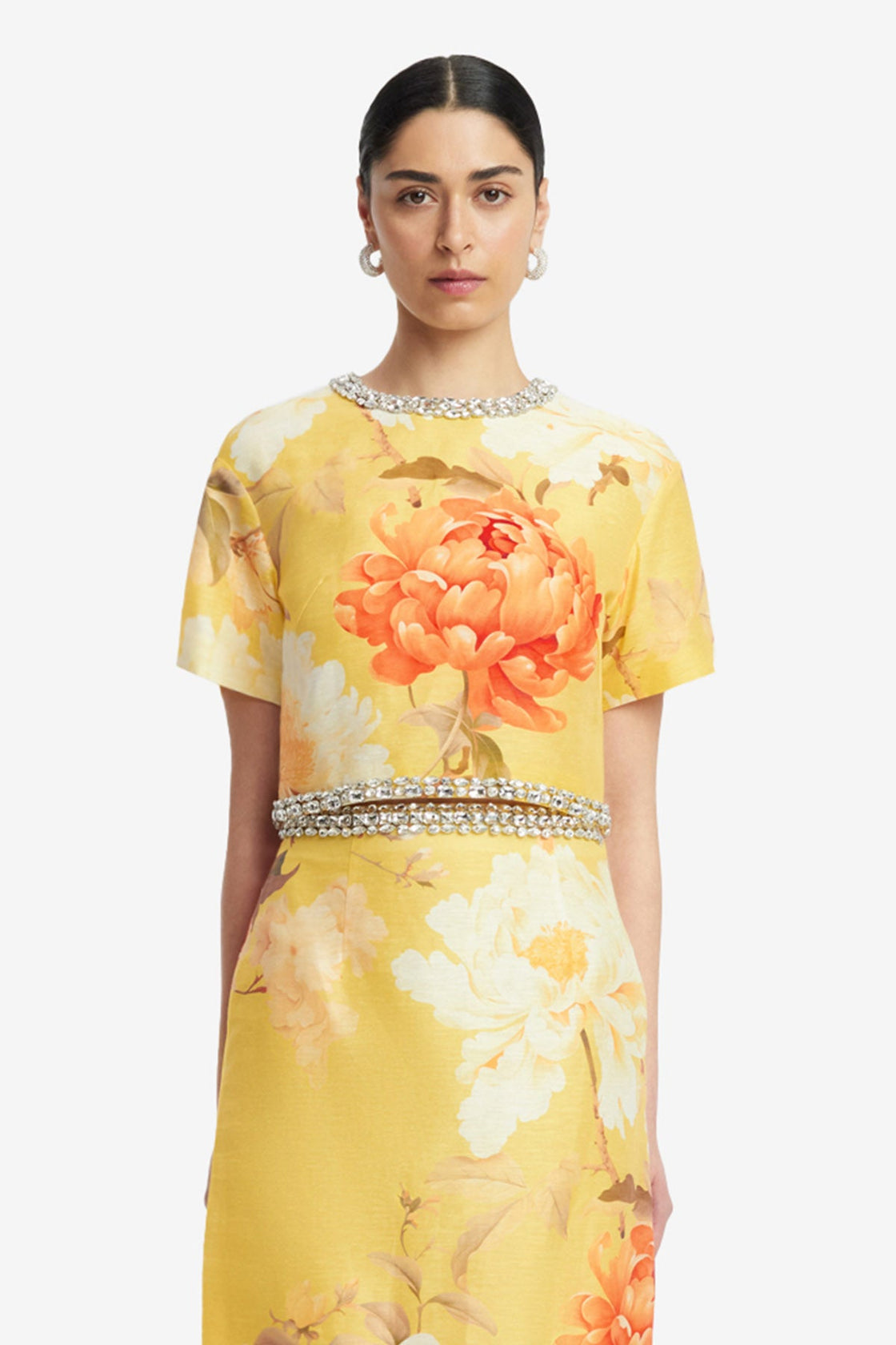Exclusive LEO LIN Indie Embellished Sleeve Top - Peony Print in Yellow