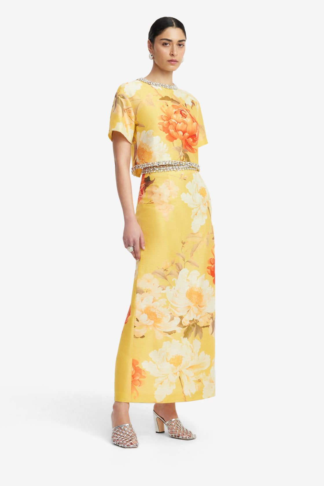 Kyra Embellished Maxi Skirt - Peony Print in Yellow Skirts