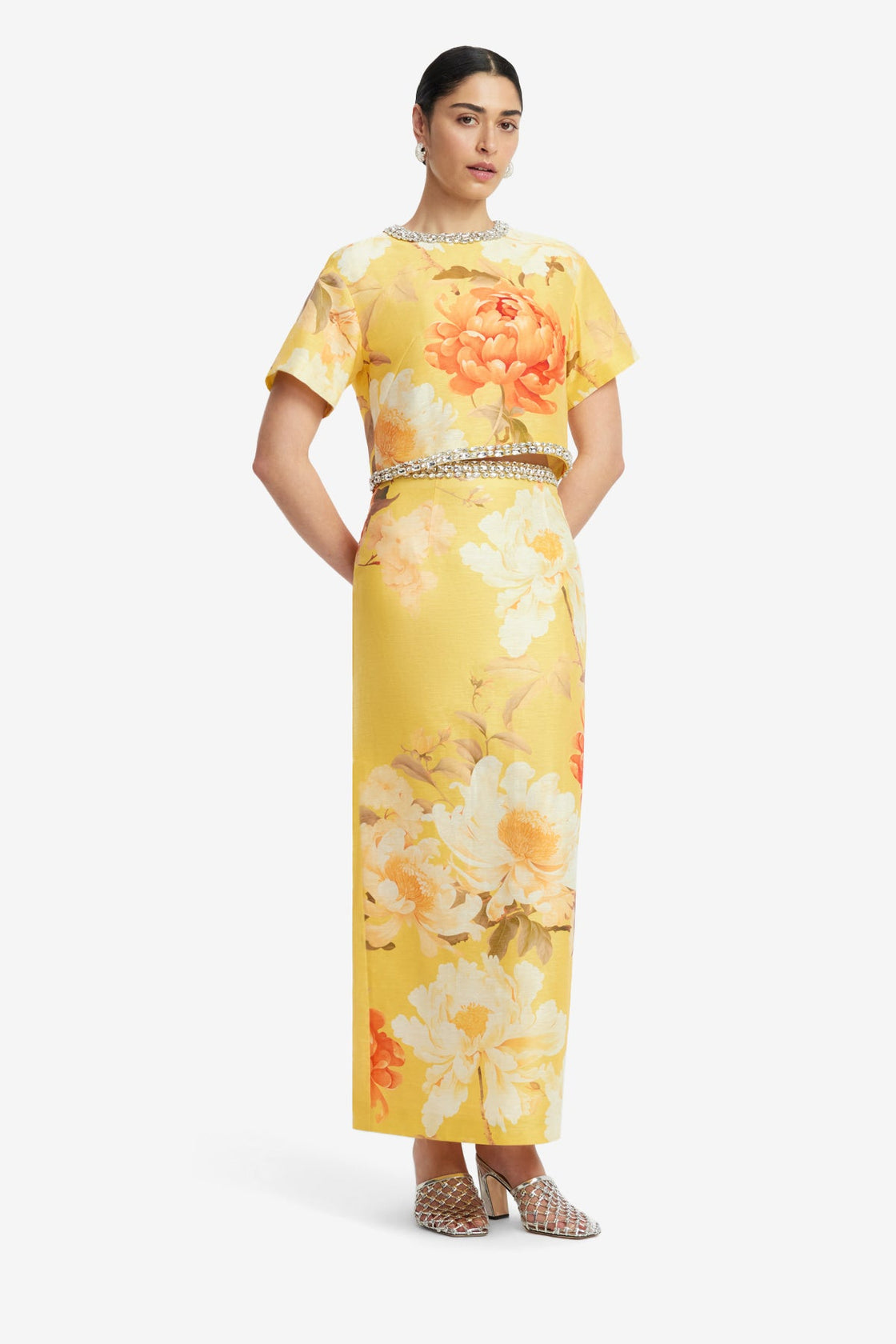 Kyra Embellished Maxi Skirt - Peony Print in Yellow Skirts