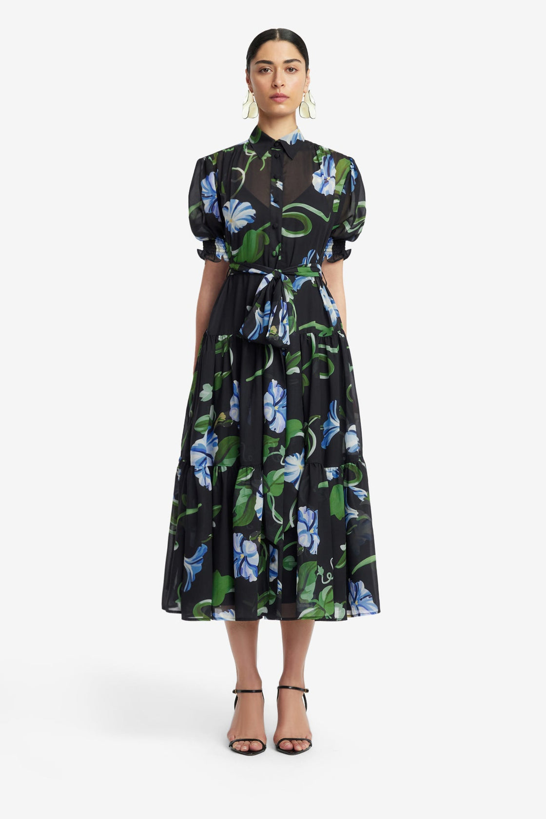Exclusive LEO LIN Ellie Bishop Sleeve Midi Dress - Vine Print in Ebony