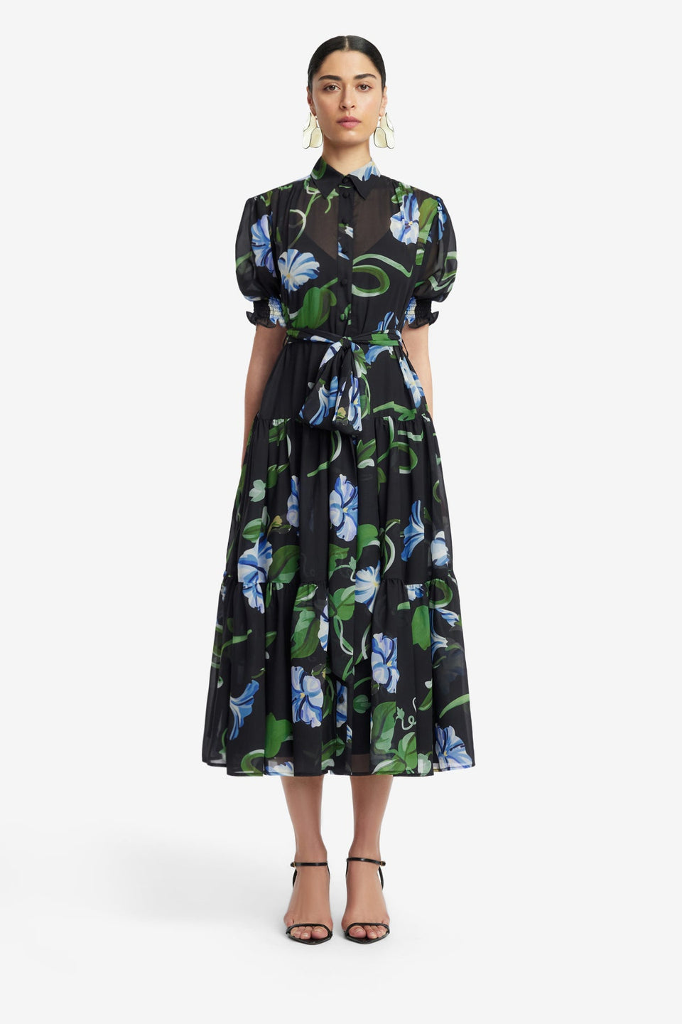 Exclusive LEO LIN Ellie Bishop Sleeve Midi Dress - Vine Print in Ebony