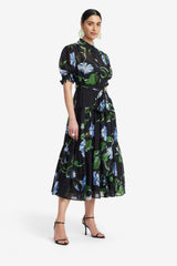 Ellie Bishop Sleeve Midi Dress - Vine Print in Ebony Dress Midi