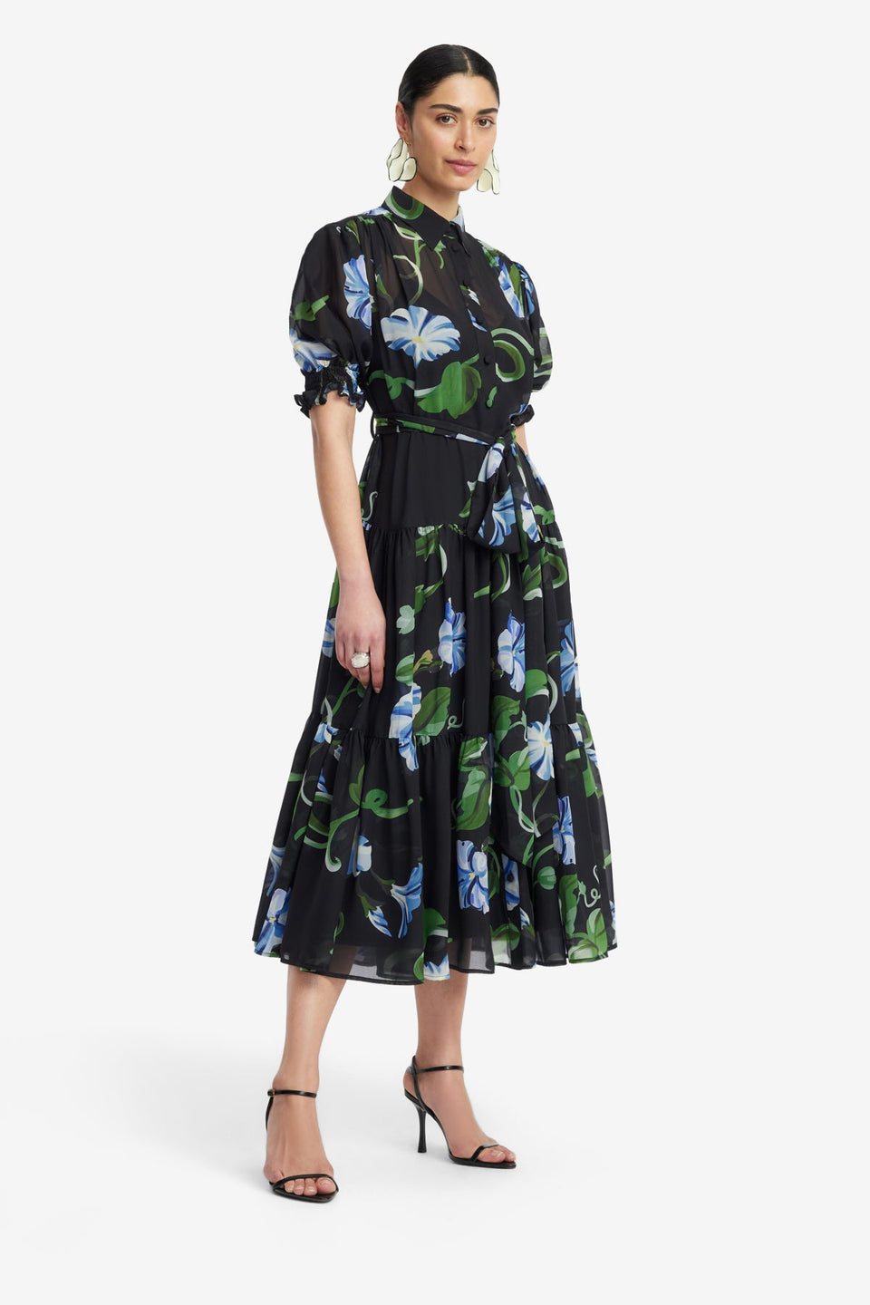 Exclusive LEO LIN Ellie Bishop Sleeve Midi Dress - Vine Print in Ebony