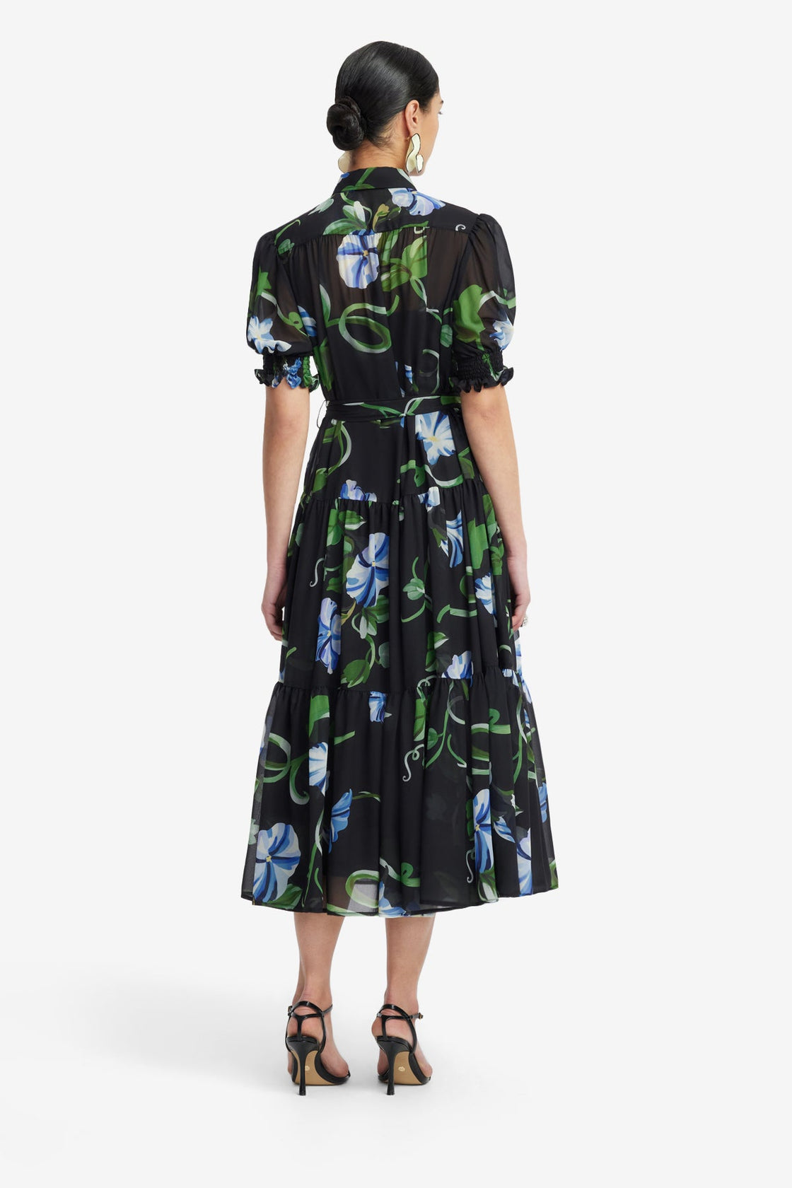 Exclusive LEO LIN Ellie Bishop Sleeve Midi Dress - Vine Print in Ebony