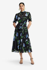 Ellie Bishop Sleeve Midi Dress - Vine Print in Ebony Dress Midi