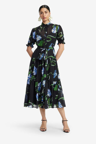 Exclusive LEO LIN Ellie Bishop Sleeve Midi Dress - Vine Print in Ebony
