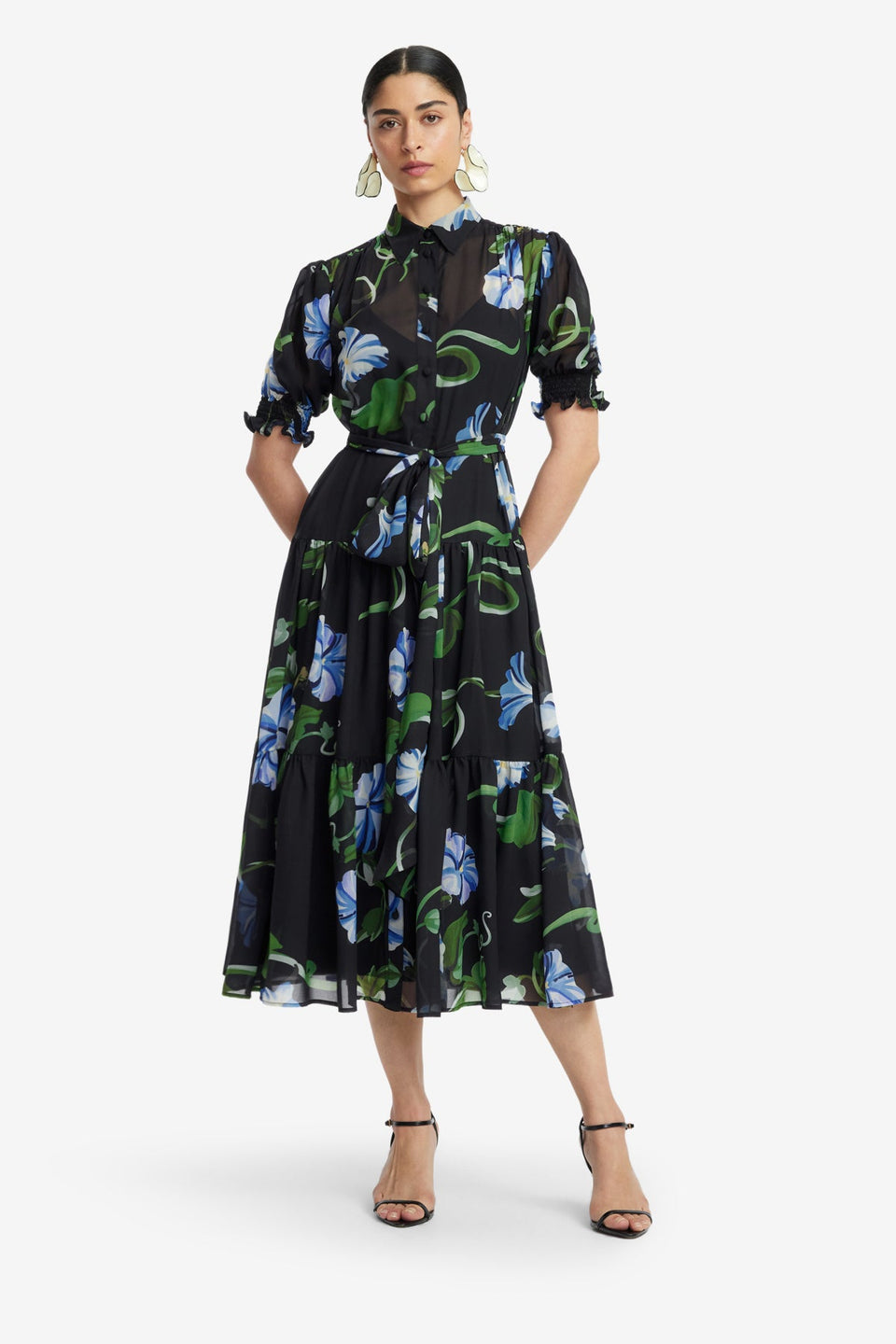 Exclusive LEO LIN Ellie Bishop Sleeve Midi Dress - Vine Print in Ebony