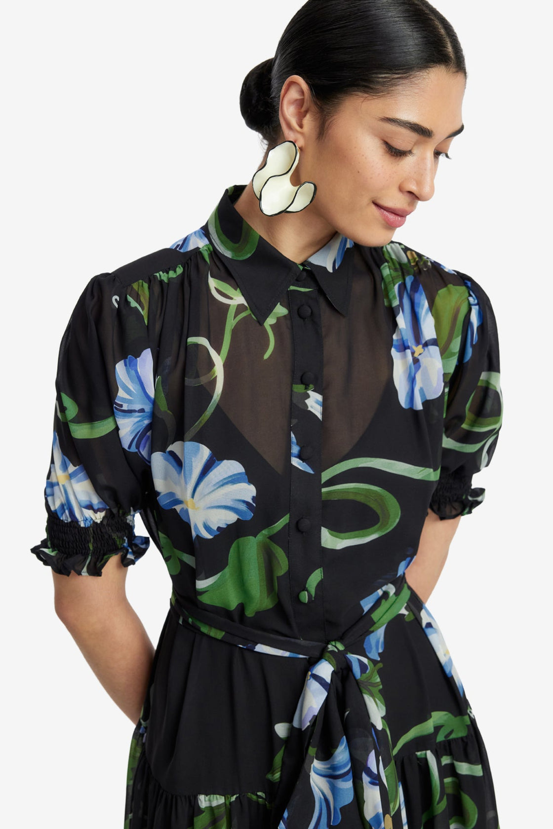 Exclusive LEO LIN Ellie Bishop Sleeve Midi Dress - Vine Print in Ebony