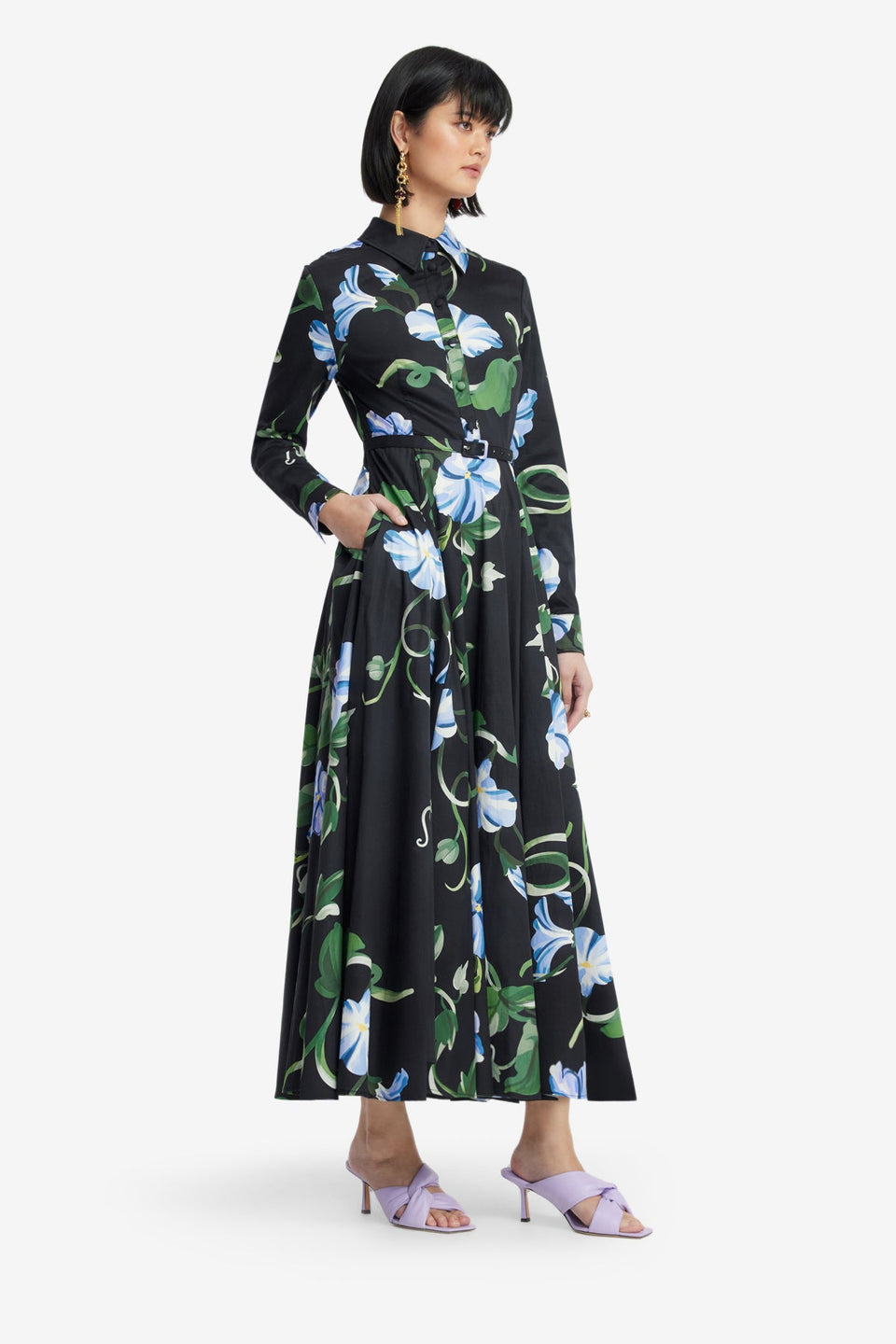 Exclusive LEO LIN Zara Shirt Midi Dress - Vine Print in Ebony