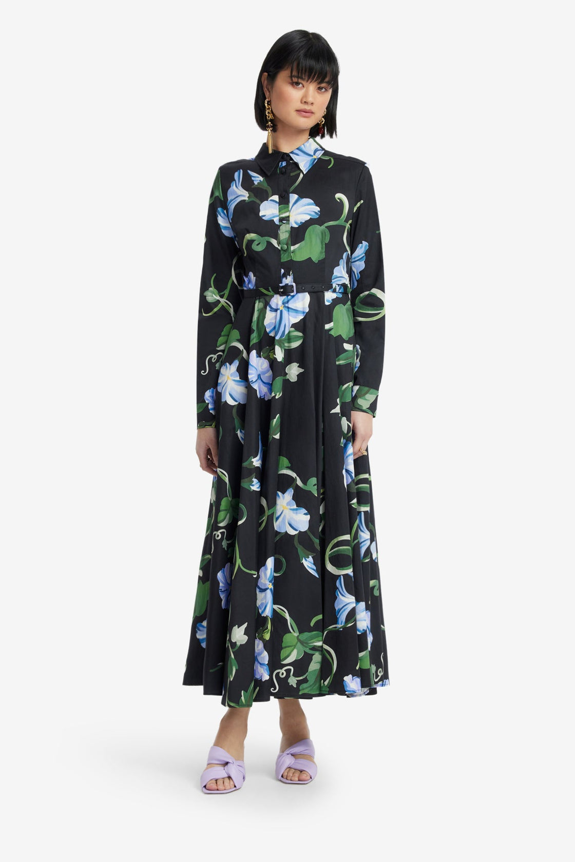 Exclusive LEO LIN Zara Shirt Midi Dress - Vine Print in Ebony