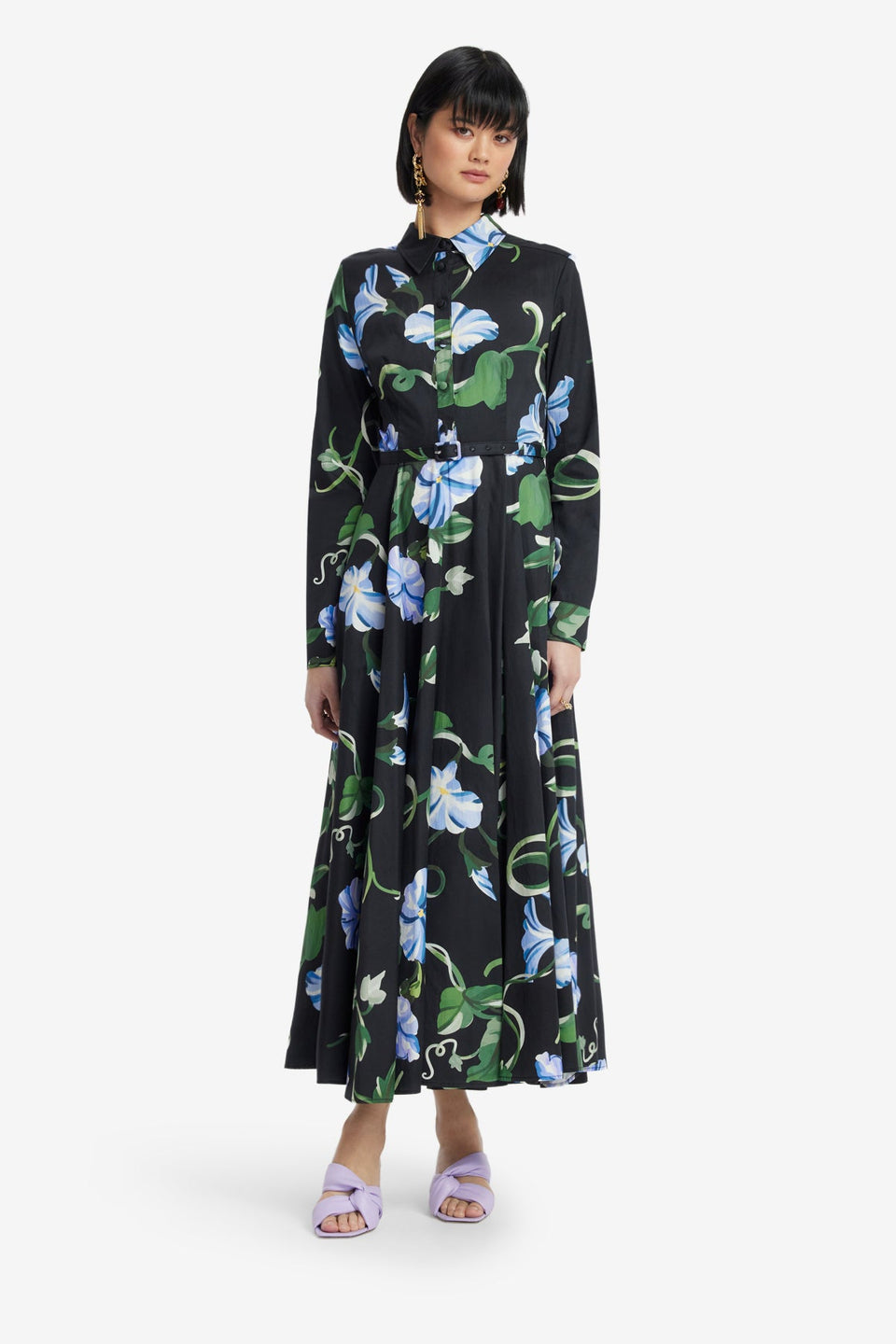 Exclusive LEO LIN Zara Shirt Midi Dress - Vine Print in Ebony