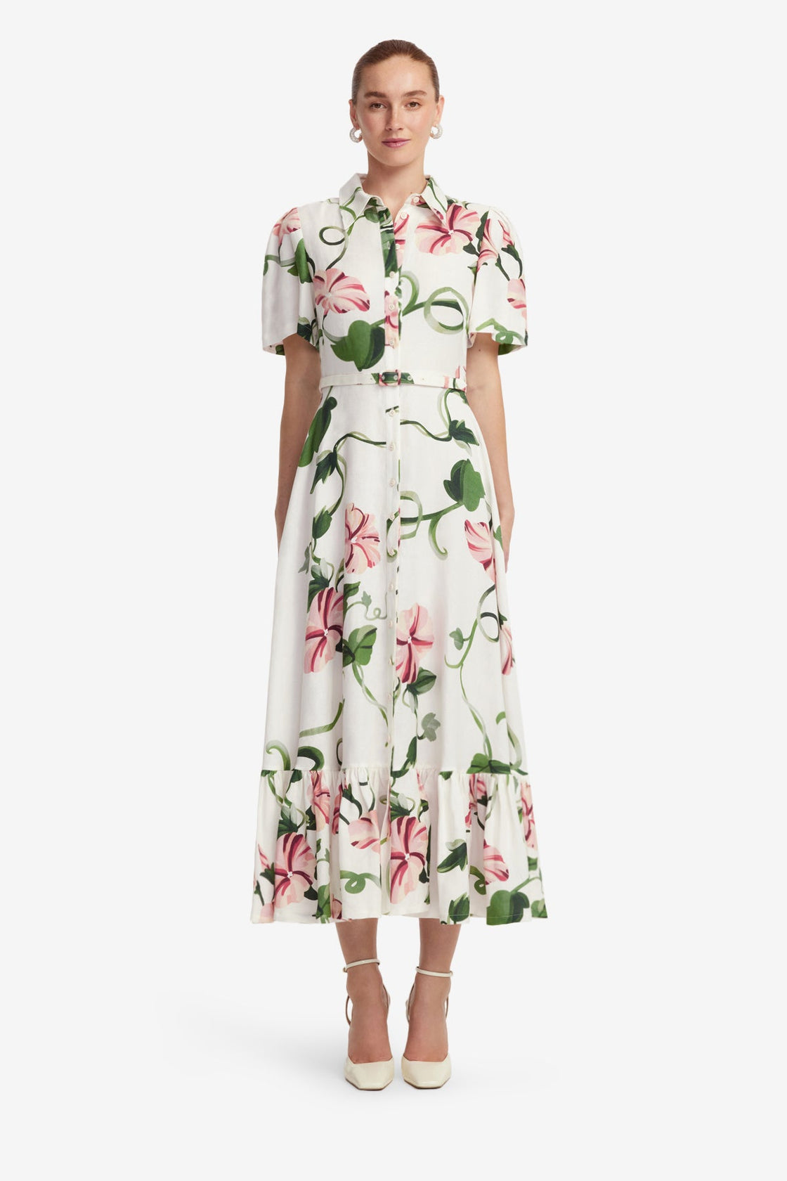 Exclusive LEO LIN Becca Short Sleeve Midi Dress  - Vine Print in Snow