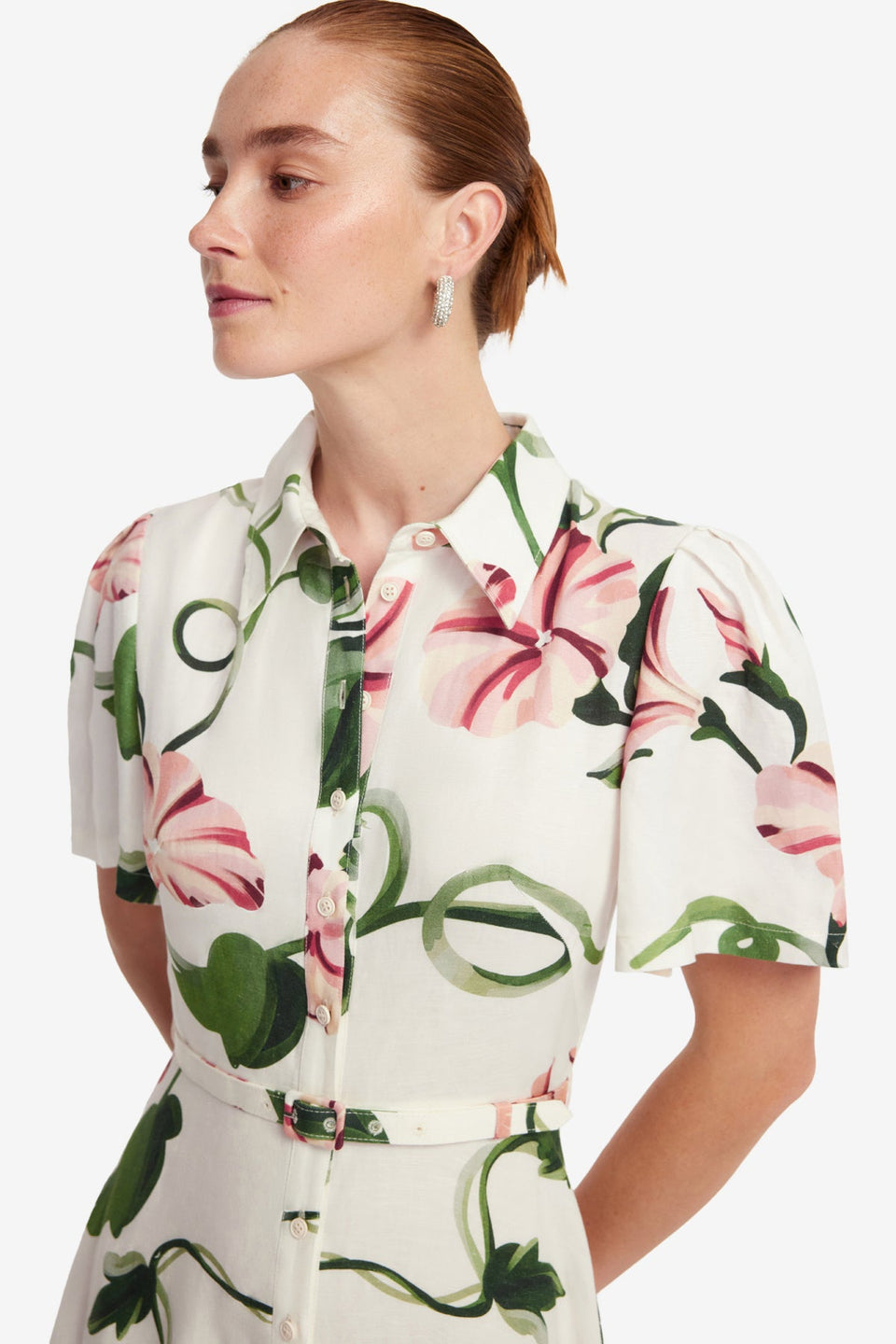 Exclusive LEO LIN Becca Short Sleeve Midi Dress  - Vine Print in Snow