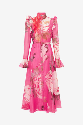 Katrina Butterfly Sleeve Midi Dress - Peony Print in Fuchsia Dress Midi