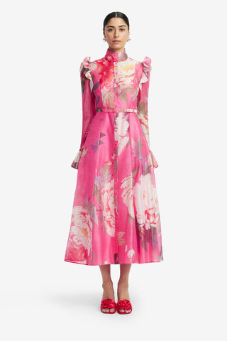 Katrina Butterfly Sleeve Midi Dress - Peony Print in Fuchsia Dress Midi
