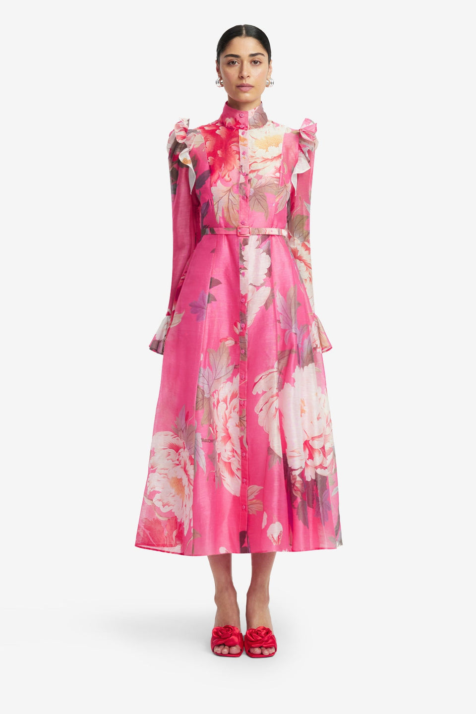 Exclusive LEO LIN Katrina Butterfly Sleeve Midi Dress - Peony Print in Fuchsia