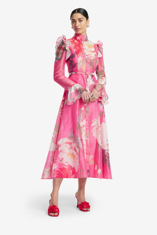 Katrina Butterfly Sleeve Midi Dress - Peony Print in Fuchsia Dress Midi