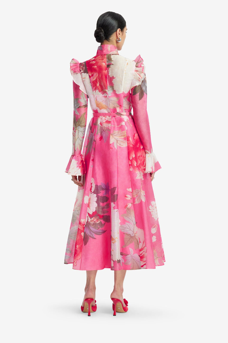 Exclusive LEO LIN Katrina Butterfly Sleeve Midi Dress - Peony Print in Fuchsia