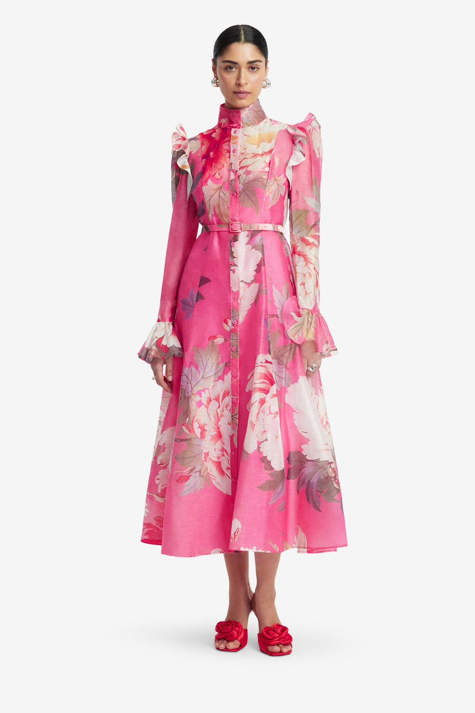 Exclusive LEO LIN Katrina Butterfly Sleeve Midi Dress - Peony Print in Fuchsia