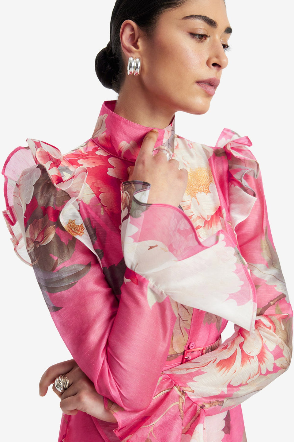 Exclusive LEO LIN Katrina Butterfly Sleeve Midi Dress - Peony Print in Fuchsia