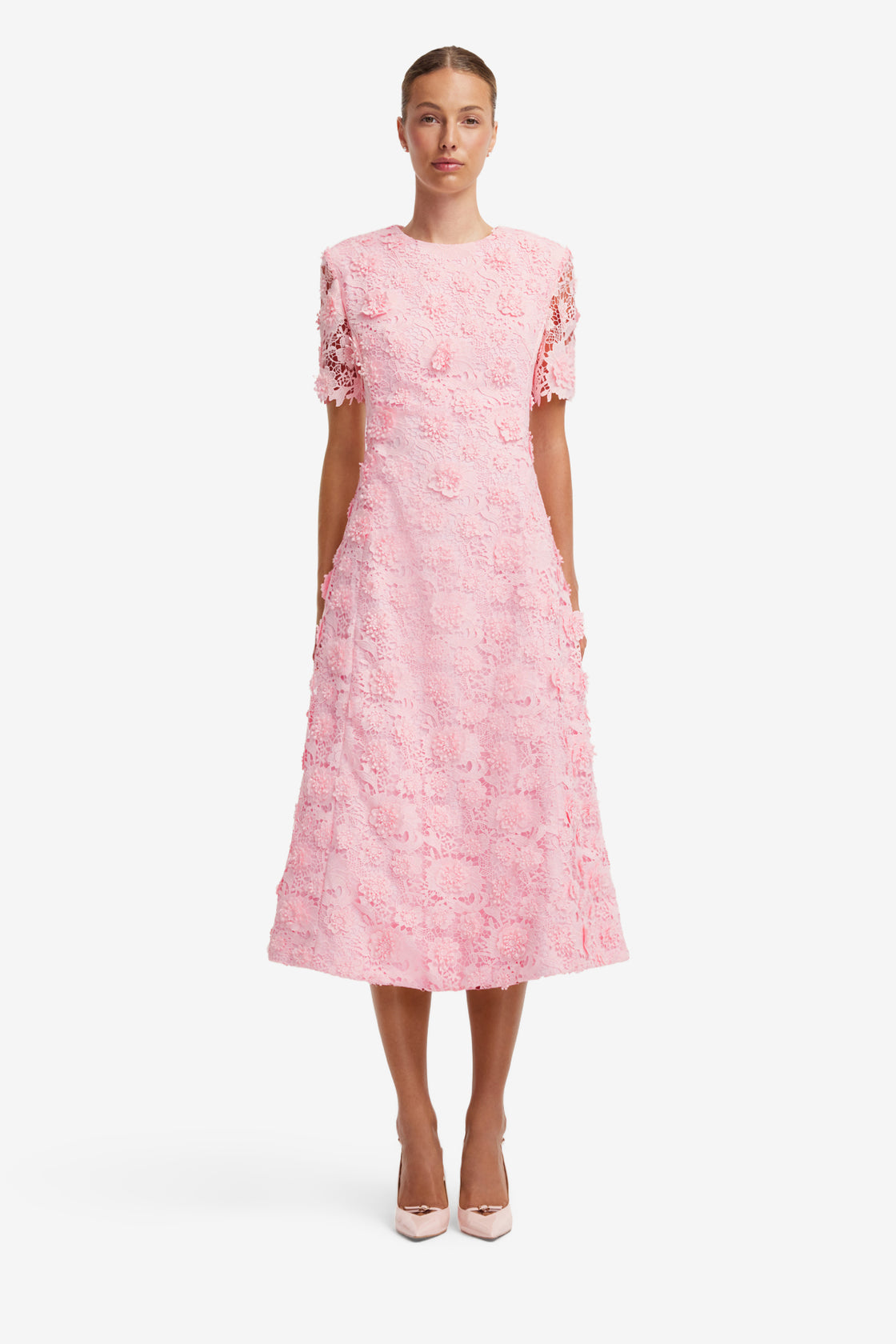 Exclusive LEO LIN Caroline Lace Short Sleeves Midi Dress - Blush Pink