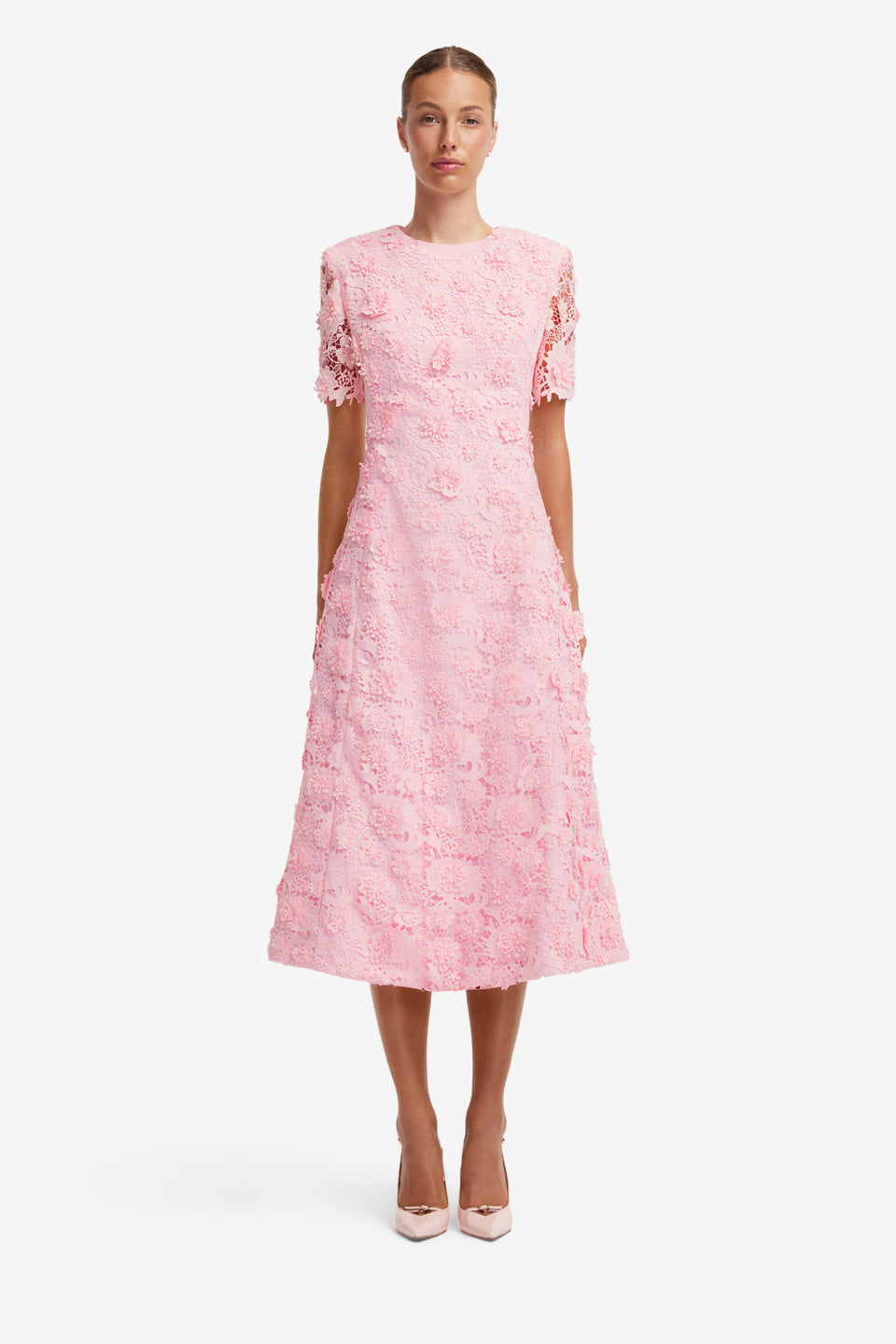 Exclusive LEO LIN Caroline Lace Short Sleeves Midi Dress - Blush Pink