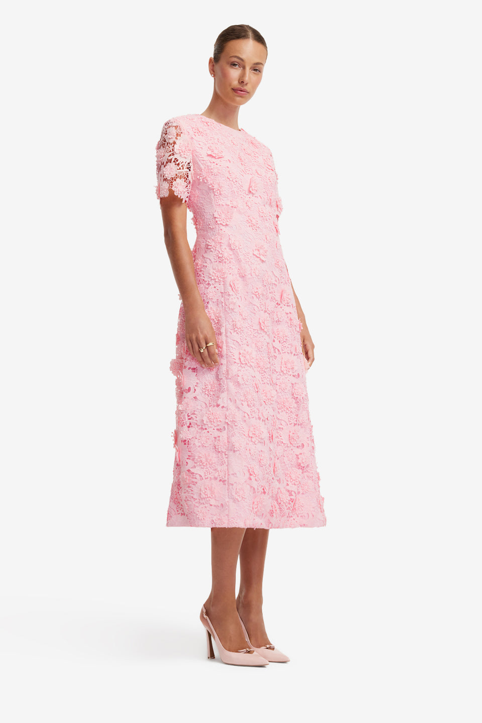 Exclusive LEO LIN Caroline Lace Short Sleeves Midi Dress - Blush Pink