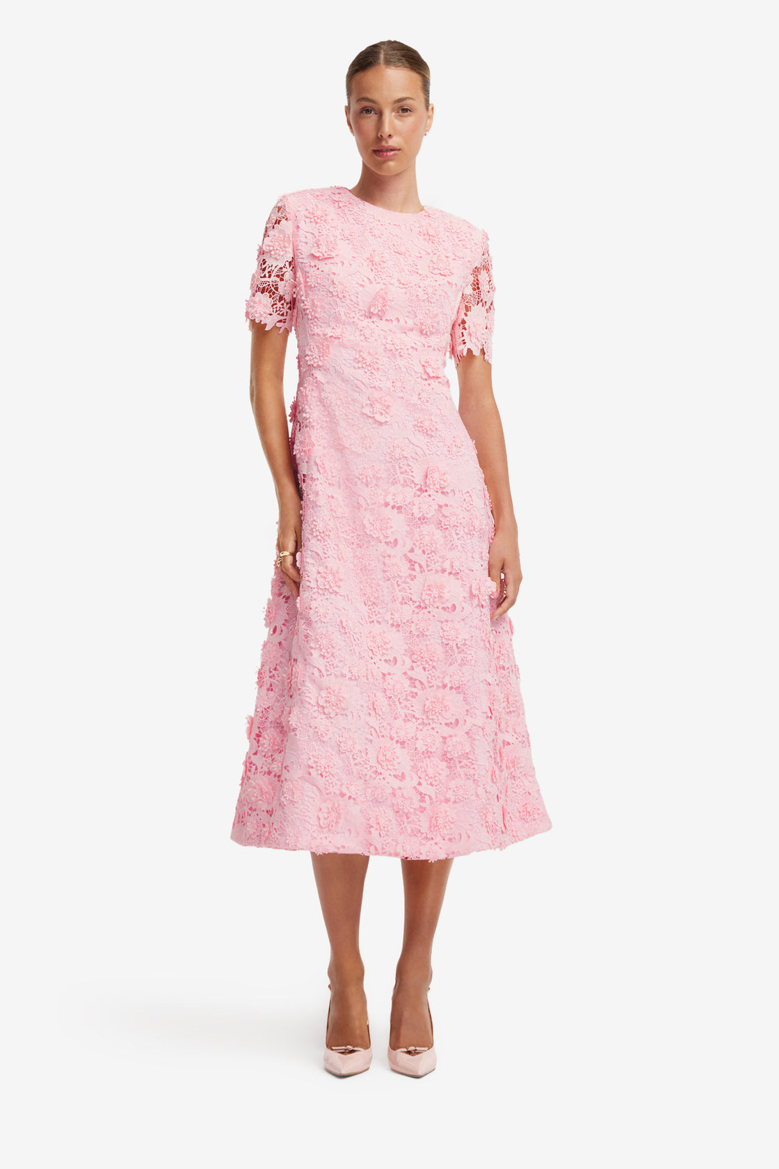 Exclusive LEO LIN Caroline Lace Short Sleeves Midi Dress - Blush Pink