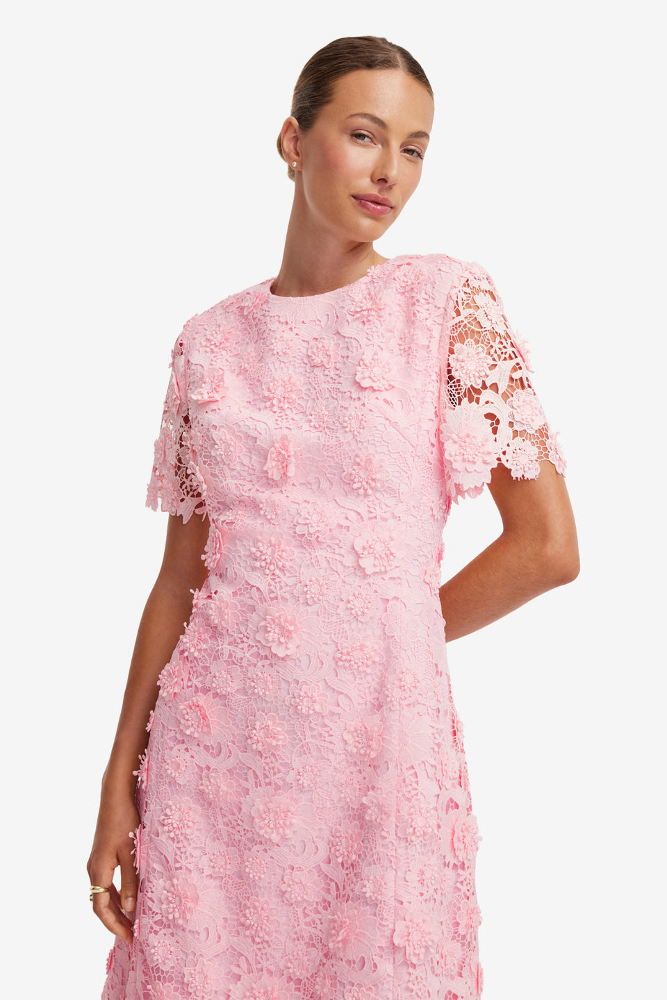 Exclusive LEO LIN Caroline Lace Short Sleeves Midi Dress - Blush Pink