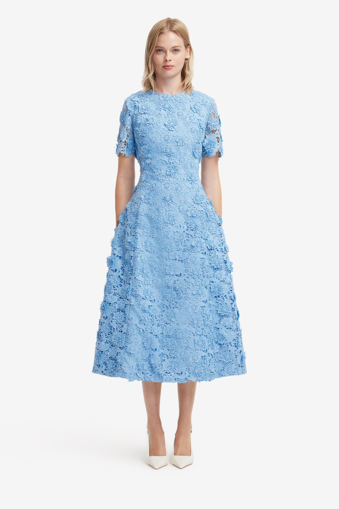 Exclusive LEO LIN Caroline Lace Short Sleeves Midi Dress - Pastel Blue