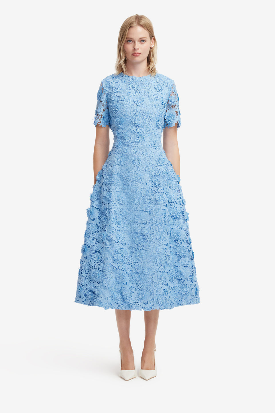 Exclusive LEO LIN Caroline Lace Short Sleeves Midi Dress - Pastel Blue