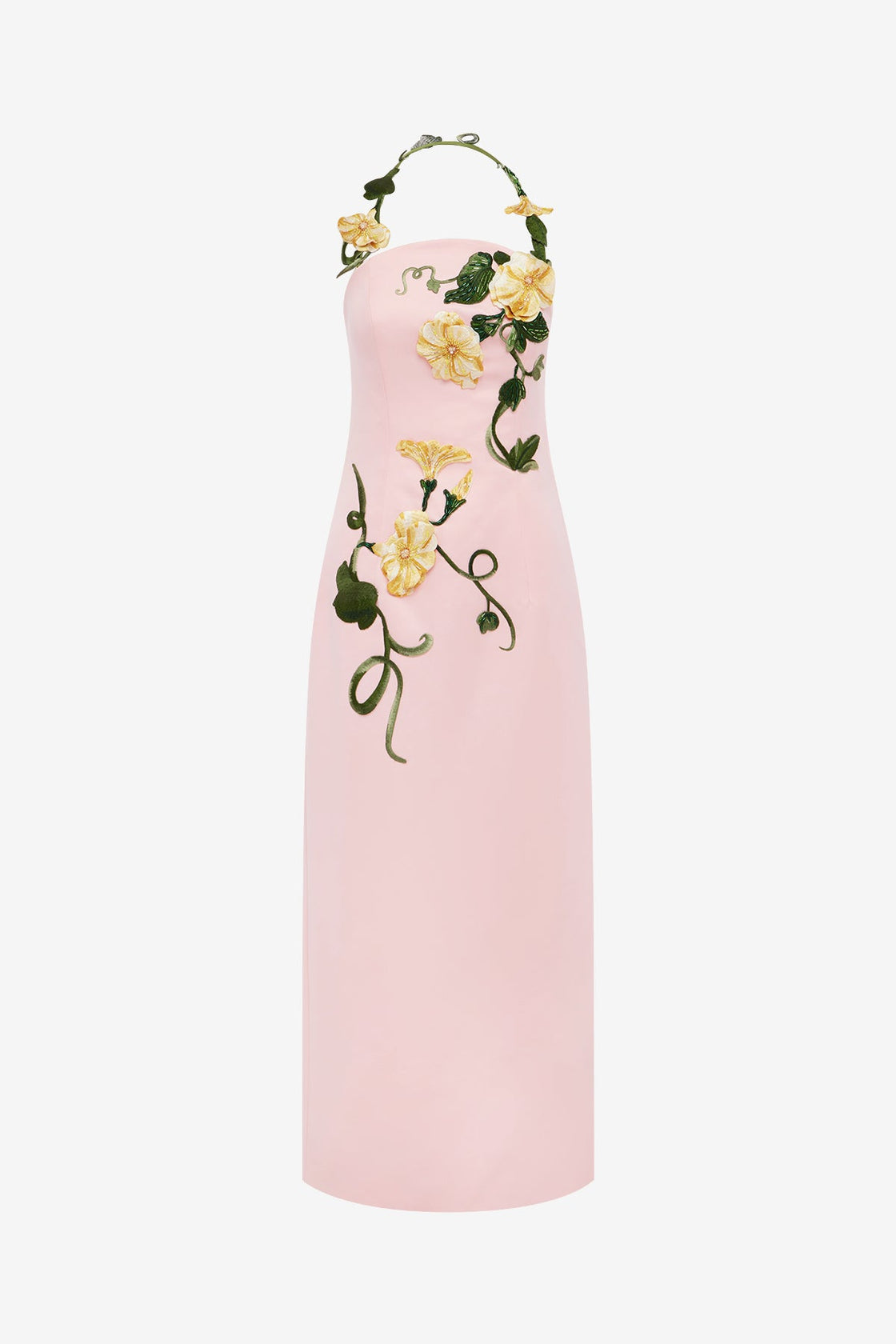 Ava Halterneck Appliqué Floral Bustier Maxi Dress - Vine Print in Pink Dress Maxi