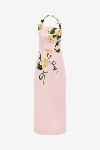 Ava Halterneck Appliqué Floral Bustier Maxi Dress - Vine Print in Pink Dress Maxi