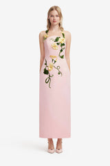 Ava Halterneck Appliqué Floral Bustier Maxi Dress - Vine Print in Pink Dress Maxi