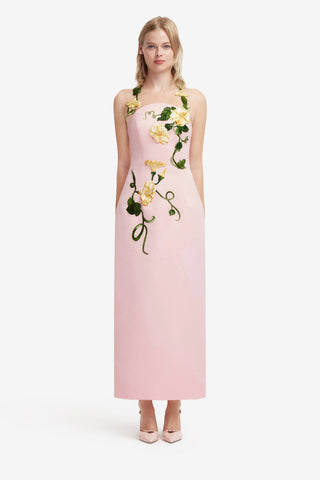 Ava Halterneck Appliqué Floral Bustier Maxi Dress - Vine Print in Pink Dress Maxi