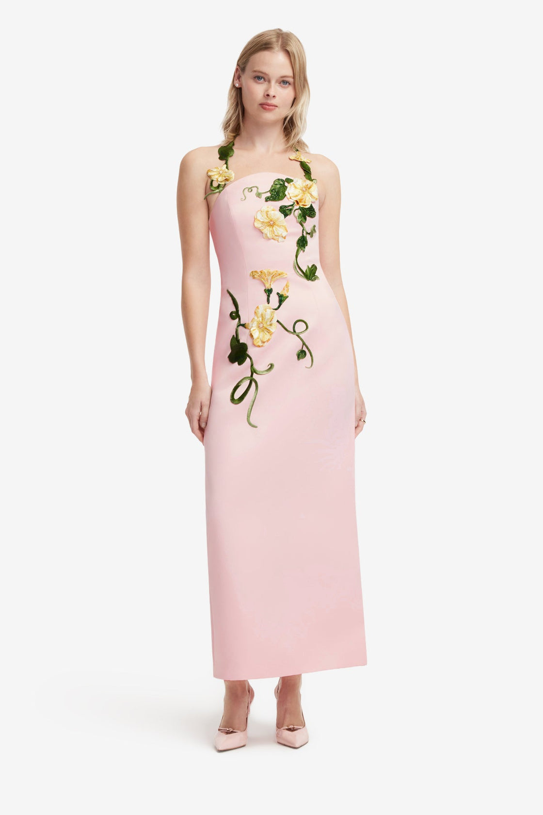 Ava Halterneck Appliqué Floral Bustier Maxi Dress - Vine Print in Pink Dress Maxi